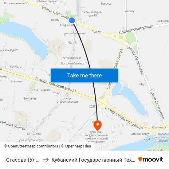 Стасова (Ул. Селезнёва) to Кубанский Государственный Технологический Университет map