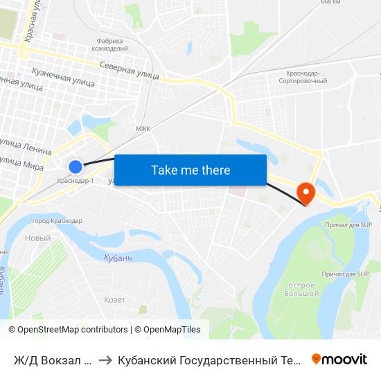 Ж/Д Вокзал Краснодар-1 to Кубанский Государственный Технологический Университет map