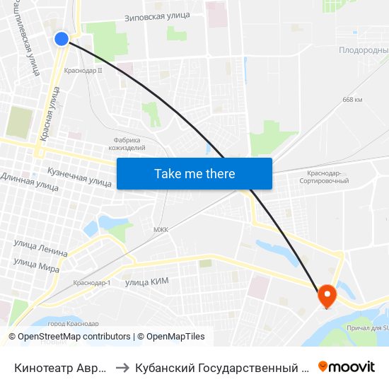 Кинотеатр Аврора (Ул. Красная) to Кубанский Государственный Технологический Университет map
