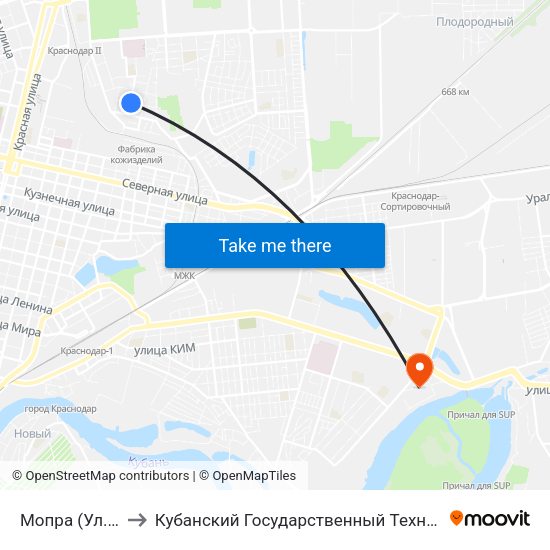 Мопра (Ул. Садовая) to Кубанский Государственный Технологический Университет map