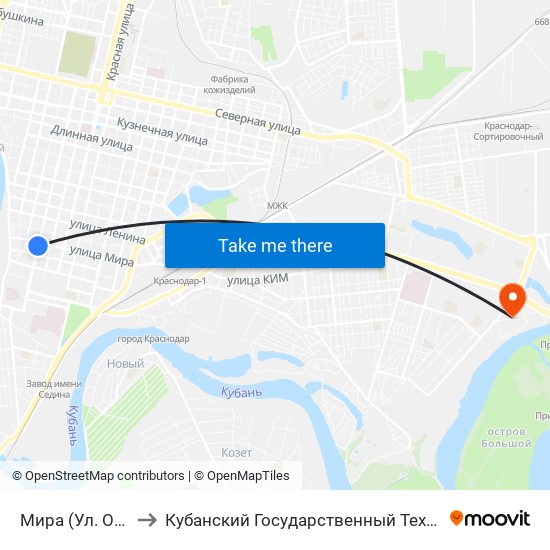 Мира (Ул. Октябрьская) to Кубанский Государственный Технологический Университет map
