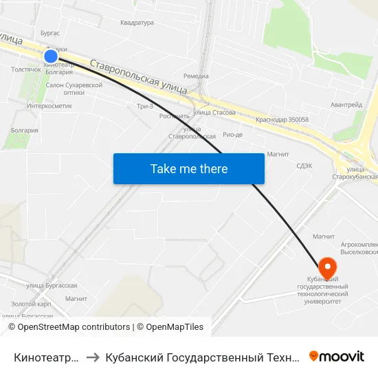 Кинотеатр Болгария to Кубанский Государственный Технологический Университет map
