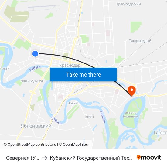Северная (Ул. Каляева) to Кубанский Государственный Технологический Университет map