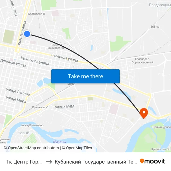 Тк Центр Города (Трамвай) to Кубанский Государственный Технологический Университет map