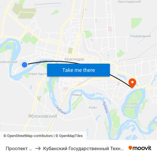 Проспект Чекистов to Кубанский Государственный Технологический Университет map