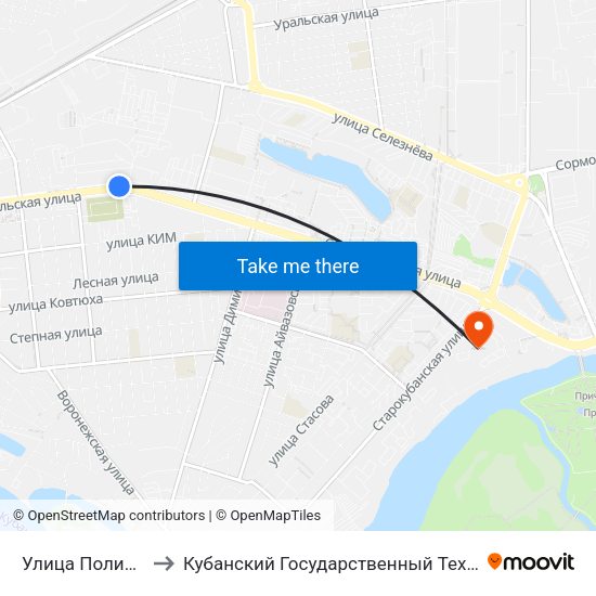 Улица Полины Осипенко to Кубанский Государственный Технологический Университет map