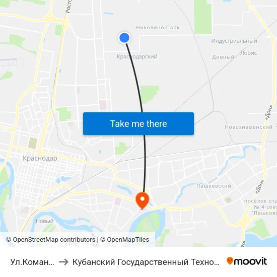 Ул.Командорская to Кубанский Государственный Технологический Университет map