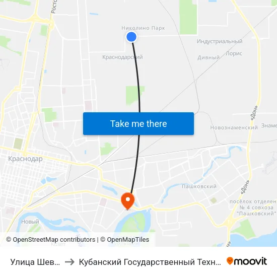 Улица Шевцова, 36/1 to Кубанский Государственный Технологический Университет map