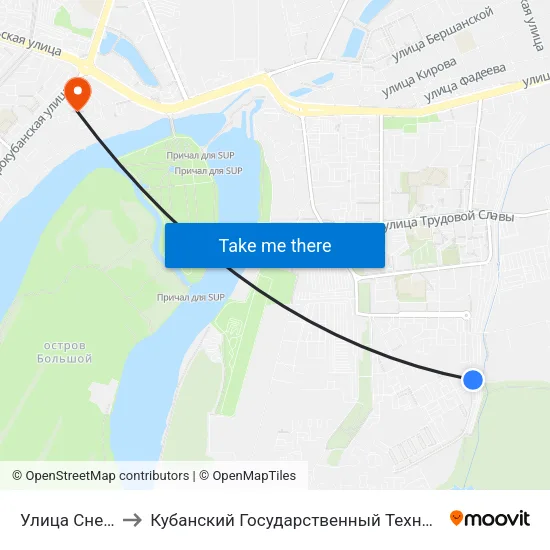 Улица Снесарева, 1 to Кубанский Государственный Технологический Университет map