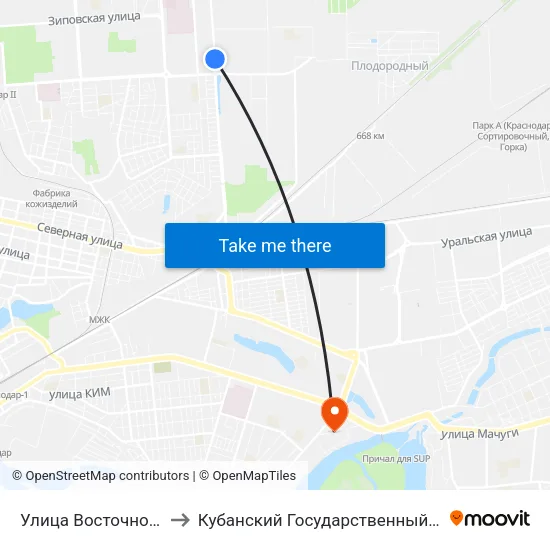 Улица Восточно-Кругликовская, 46 to Кубанский Государственный Технологический Университет map