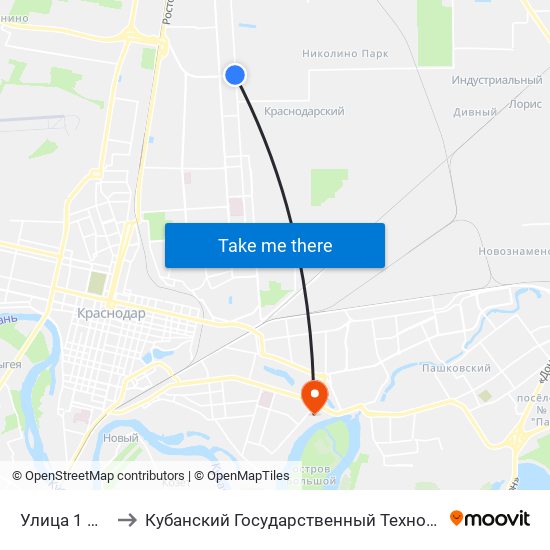 Улица 1 Мая, 500а to Кубанский Государственный Технологический Университет map