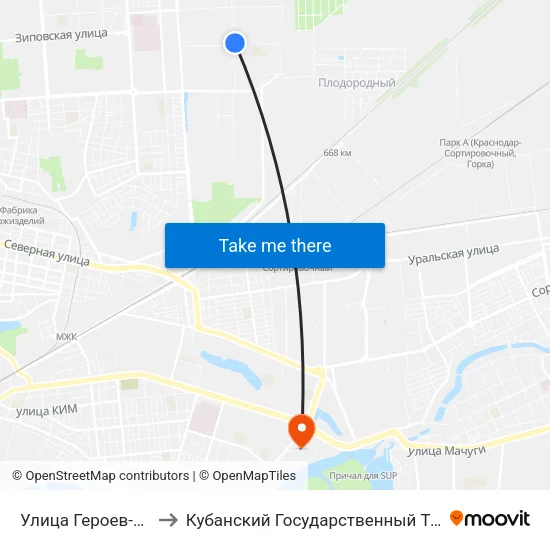 Улица Героев-Разведчиков, 28 to Кубанский Государственный Технологический Университет map