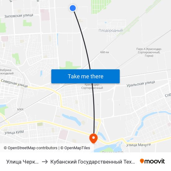 Улица Черкасская, 123 to Кубанский Государственный Технологический Университет map