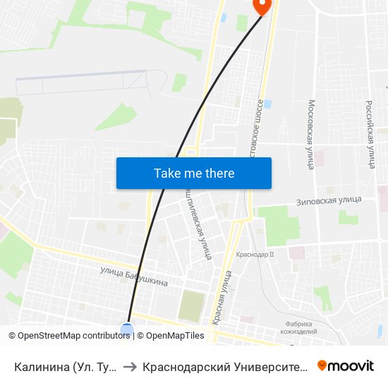 Калинина (Ул. Тургенева) to Краснодарский Университет Мвд России map