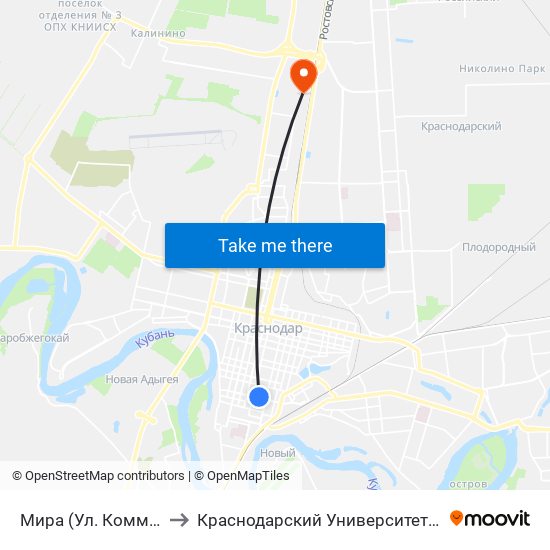 Мира (Ул. Коммунаров) to Краснодарский Университет Мвд России map