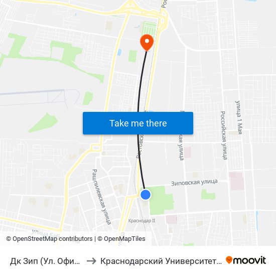 Дк Зип (Ул. Офицерская) to Краснодарский Университет Мвд России map