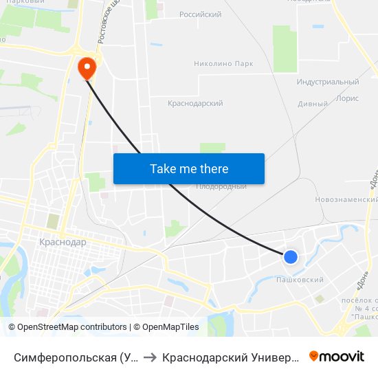 Симферопольская (Ул. Сормовская) to Краснодарский Университет Мвд России map