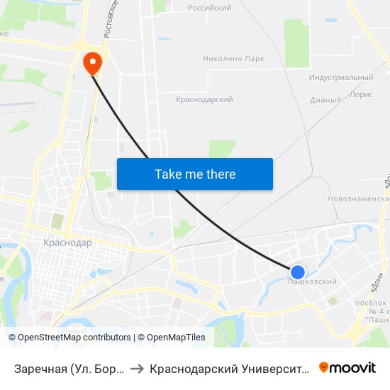 Заречная (Ул. Бородинская) to Краснодарский Университет Мвд России map