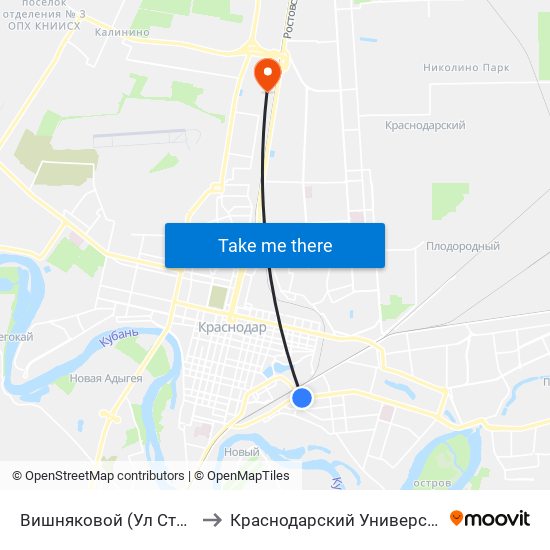 Вишняковой (Ул Ставропольская) to Краснодарский Университет Мвд России map