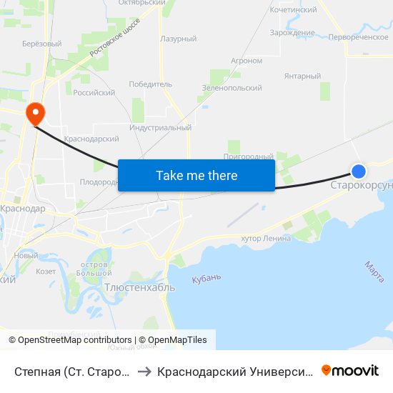 Степная (Ст. Старокорсунская) to Краснодарский Университет Мвд России map