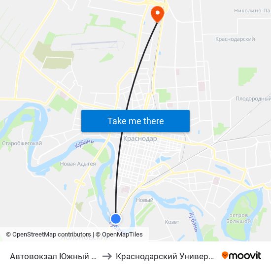 Автовокзал Южный (Ул. Береговая) to Краснодарский Университет Мвд России map