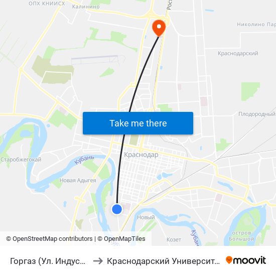 Горгаз (Ул. Индустриальная) to Краснодарский Университет Мвд России map