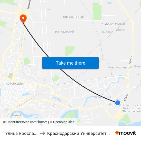 Улица Ярославского to Краснодарский Университет Мвд России map