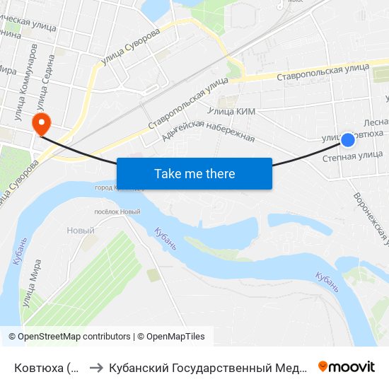 Ковтюха (Трамвай) to Кубанский Государственный Медицинский Университет map