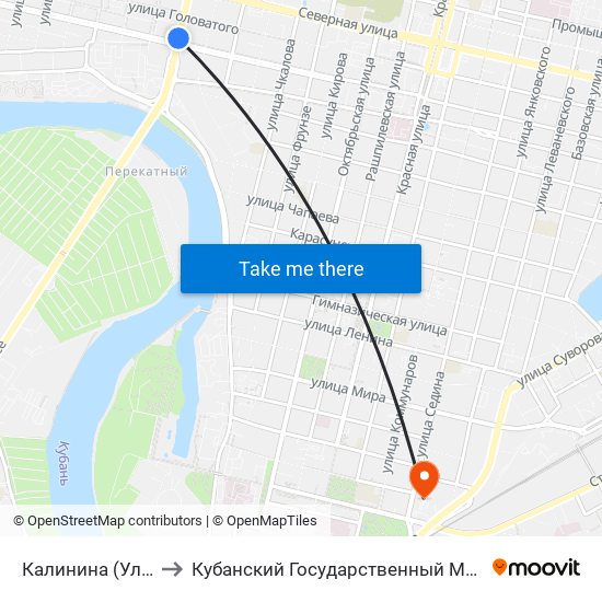 Калинина (Ул. Тургенева) to Кубанский Государственный Медицинский Университет map