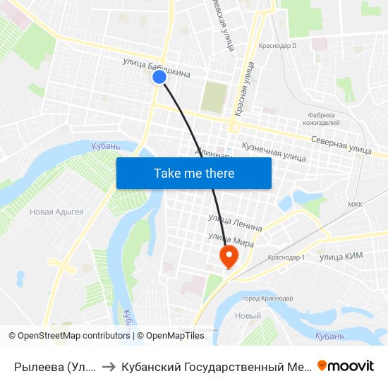 Рылеева (Ул. Тургенева) to Кубанский Государственный Медицинский Университет map