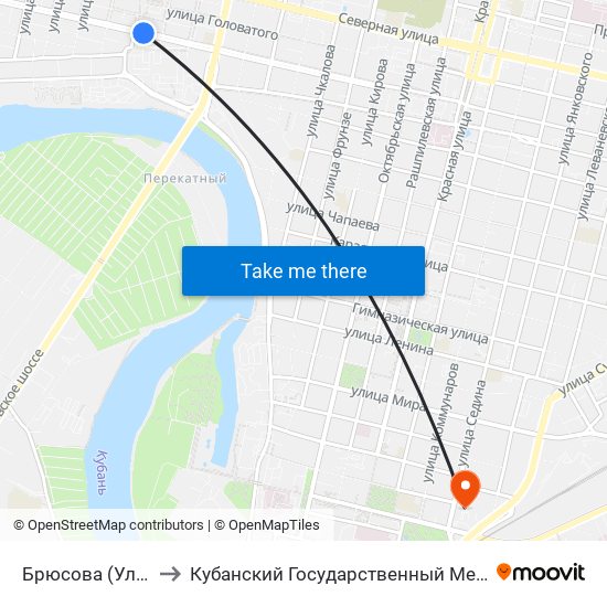 Брюсова (Ул. Калинина) to Кубанский Государственный Медицинский Университет map