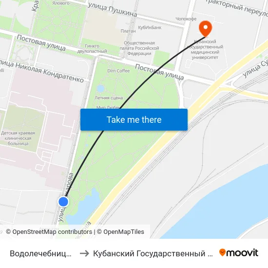 Водолечебница (Ул. Захарова) to Кубанский Государственный Медицинский Университет map