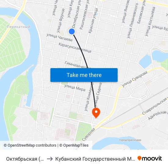 Октябрьская (Ул. Горького) to Кубанский Государственный Медицинский Университет map