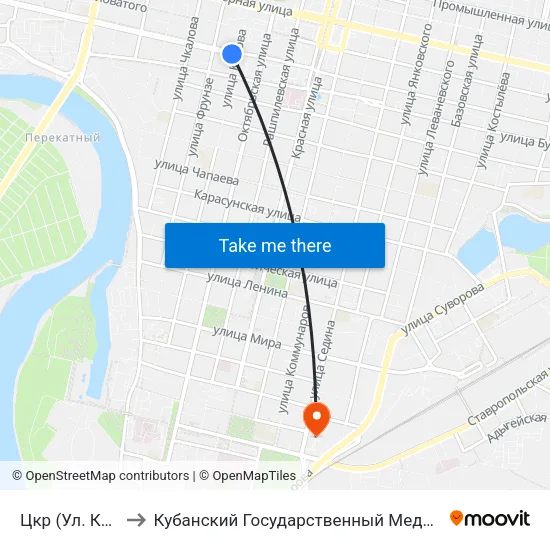 Цкр (Ул. Калинина) to Кубанский Государственный Медицинский Университет map