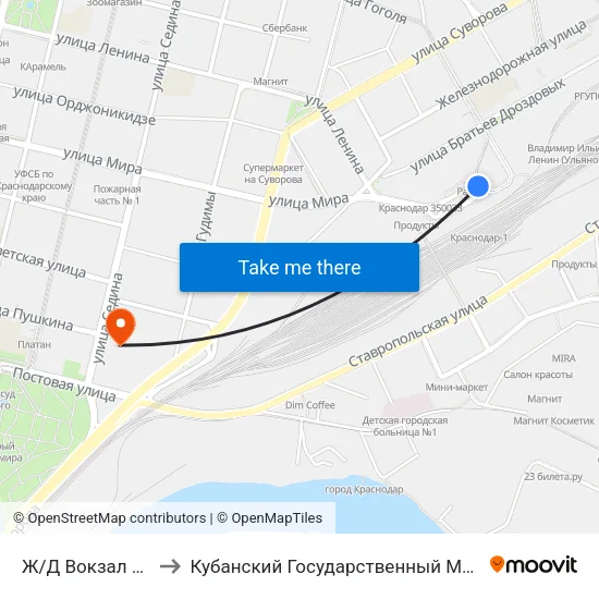 Ж/Д Вокзал Краснодар-1 to Кубанский Государственный Медицинский Университет map