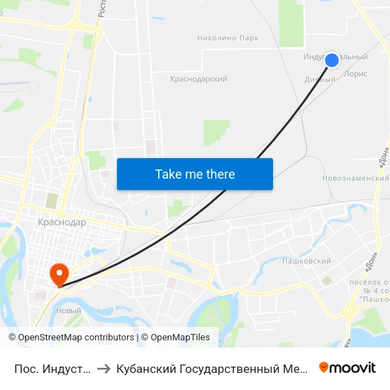 Пос. Индустриальный to Кубанский Государственный Медицинский Университет map