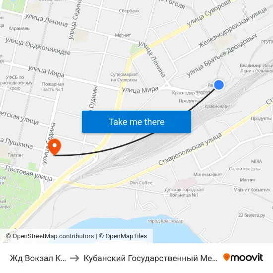 Жд Вокзал Краснодар1 to Кубанский Государственный Медицинский Университет map