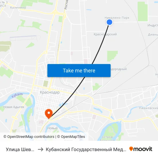 Улица Шевцова 36/1 to Кубанский Государственный Медицинский Университет map