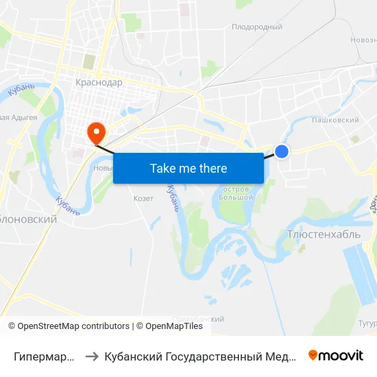 Гипермаркет О,Кей to Кубанский Государственный Медицинский Университет map