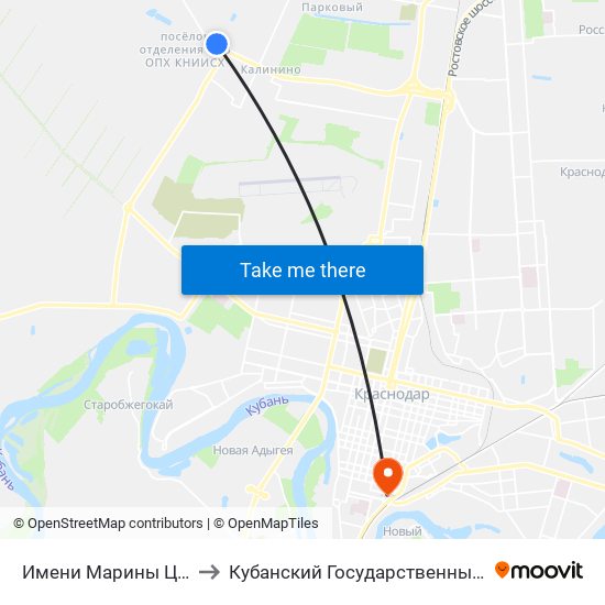 Имени Марины Цветаевой Улица, 15 to Кубанский Государственный Медицинский Университет map