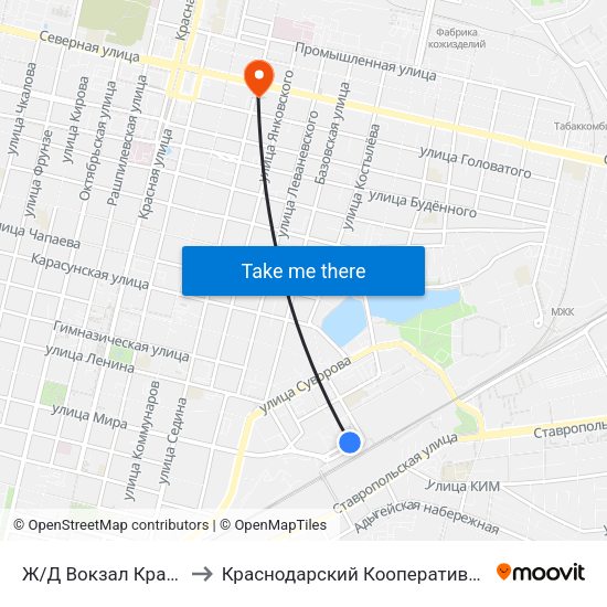 Ж/Д Вокзал Краснодар-1 to Краснодарский Кооперативный Институт map