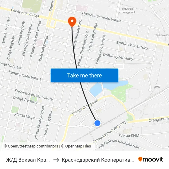 Ж/Д Вокзал Краснодар-1 to Краснодарский Кооперативный Институт map