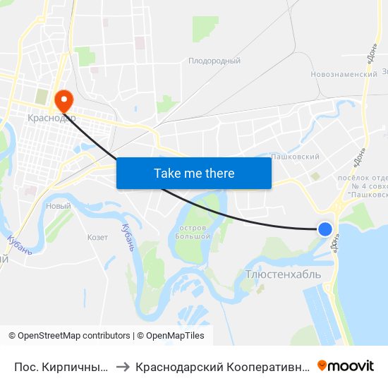 Пос. Кирпичный Завод to Краснодарский Кооперативный Институт map