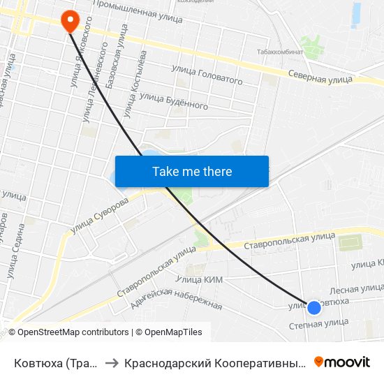 Ковтюха (Трамвай) to Краснодарский Кооперативный Институт map