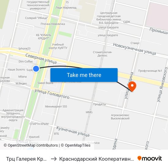 Трц Галерея Краснодар to Краснодарский Кооперативный Институт map
