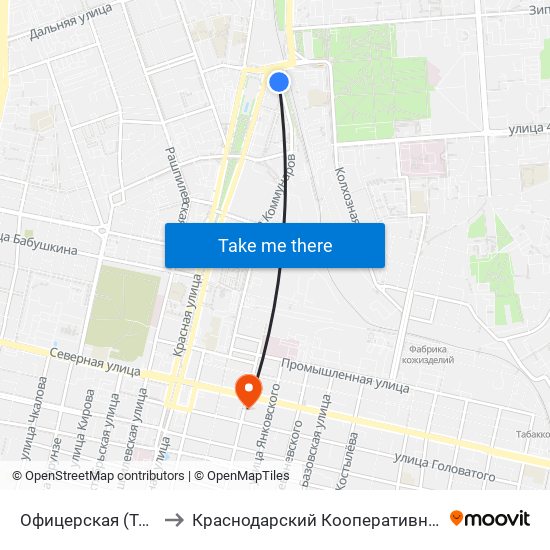 Офицерская (Трамвай) to Краснодарский Кооперативный Институт map