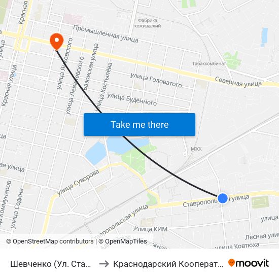 Шевченко (Ул. Ставропольская) to Краснодарский Кооперативный Институт map