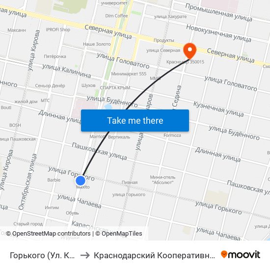 Горького (Ул. Красная) to Краснодарский Кооперативный Институт map