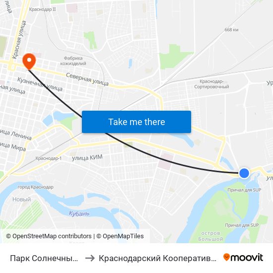 Парк Солнечный Остров to Краснодарский Кооперативный Институт map