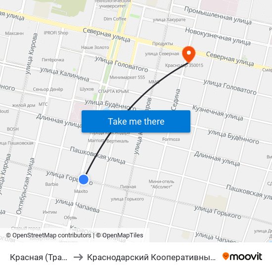 Красная (Трамвай) to Краснодарский Кооперативный Институт map